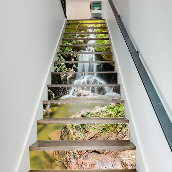 3D Natural Landscape Self-Adhesive Stairs Risers Stickers Wall Murals Vinyl Staircase Stickers Wallpaper Decor 39.3 x7.08Inch x 13PCS, High Mountain and Flowing Water