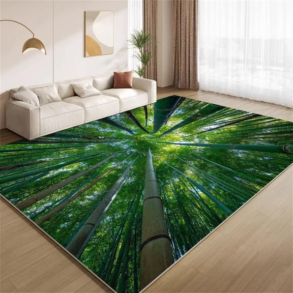 3D Nature Area Rugs, Green Bamboo Forest Carpet, Washable Non Slip Low Pile Soft Rug for Living Room Bedroom Decor Mat 5x8ft