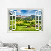 3D Nature Grassland Fake Window Wall Sticker Poster Vinyl Decal Mountain Forest Landscape Wallpaper Peel and Stick for Kitchen Bedroom Decor