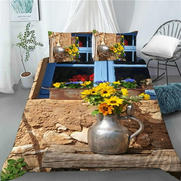 3D Nice Vintage Flowers on The Wall Duvet Cover with Pillowcases Beautiful Flower Polyester Quilt Cover for Kids Adults Bedroom