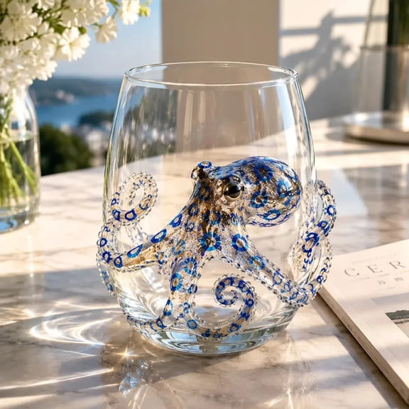 3D Ocean Animal Artisan Glassware Collection, Blue Ringed Octopus Drinking Glass for Cocktails, Wine, Juice & Coffee, Coastal Bar Decor