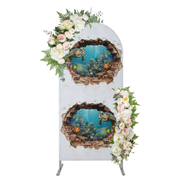 3D Ocean Arch Backdrop Cover 4FT, Modern Abstract Nature Optical Illusion Underwater Spandex Fitted Stretchy Arch Stand Covers, Round Top Chiara Backdrop Cover for Wedding Party Birthday Baby Shower
