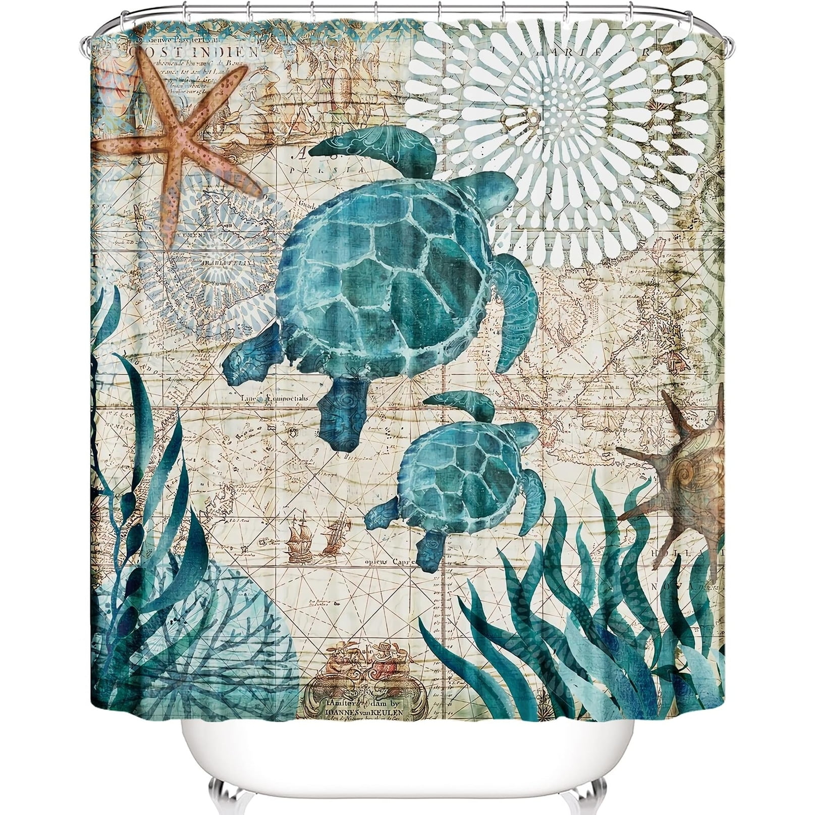 3D Ocean Beach Fabric Shower Curtain with Sea Turtle Design, 72 x 72 Inches