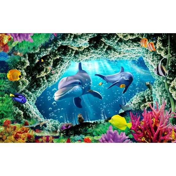 3D Ocean Canvas Art Creative Aquarium Dolphin Picture Wall Art Framed Undersea Fish Painting Wall Decor For Home Office Bedroom Reeady to Hang
