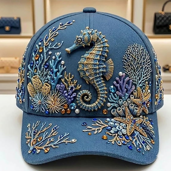 3D Ocean Creatures Embroidery Cap, Adjustable Cotton Baseball Cap, Raised Embroidered Sea Animal Hat for Beach Travel(Seahorse)