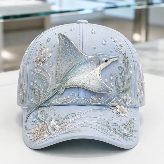 3D Ocean Creatures Embroidery Cap, Adjustable Cotton Baseball Cap, Raised Embroidered Sea Animal Hat for Beach Travel, Sky Blue One Size