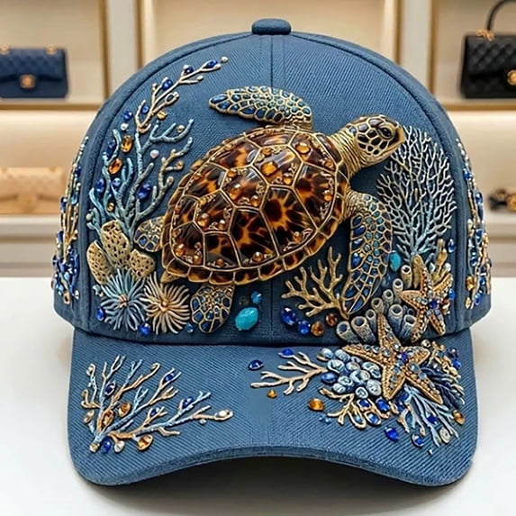 3D Ocean Creatures Embroidery Cap, Adjustable Cotton Baseball Cap, Raised Embroidered Sea Animal Hat for Beach Travel(Turtle)