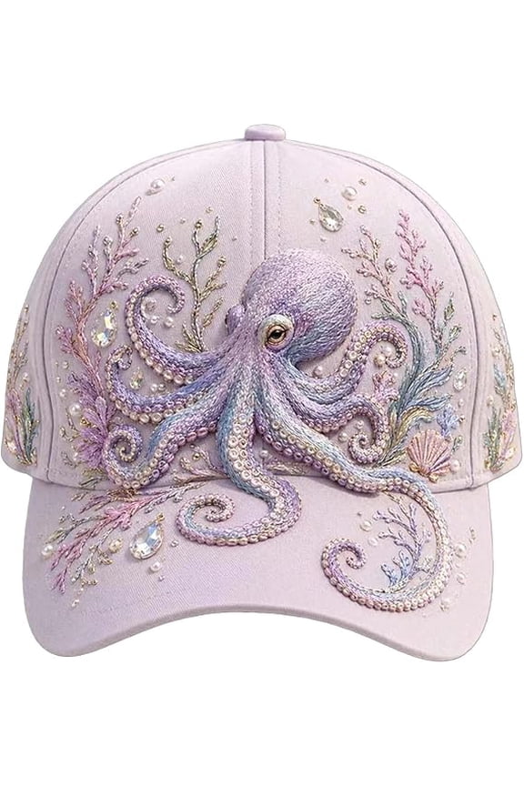 3D Ocean Creatures Embroidery Cap, Adjustable Cotton Baseball Cap, Raised Embroidered Sea Animal Hat for Beach Travel
