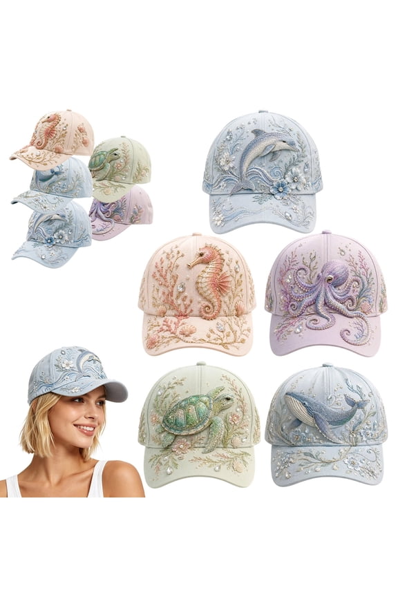 3D Ocean Creatures Embroidery Cap, Adjustable Cotton Baseball Caps with Raised Embroidered Sea Animals for Man Woman