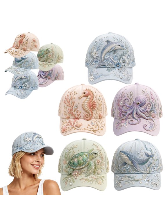 3D Ocean Creatures Embroidery Cap, Adjustable Cotton Baseball Hat for Beach Travel, Funny Raised Marine Animal Gift