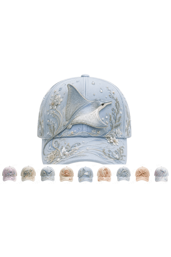 3D Ocean Creatures Embroidery Cap, Detailed Coral Shell Floral 3D Embroidery Baseball Cap, Breathable Cotton Adjustable Beach Travel Sun Hat (Manta ray Seahorse)