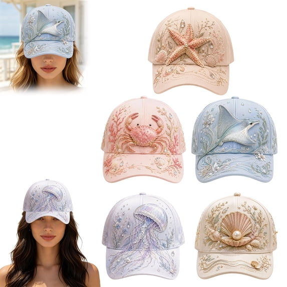 3D Ocean Creatures Embroidery Cap, Funny Sea Animal Hat Adjustable Raised Embroidered Sea Animal Hat for Women Men