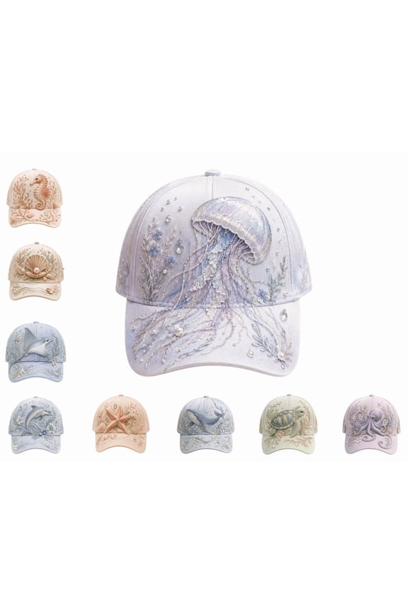 3D Ocean Creatures Embroidery Cap, Multi-Style Octopus Turtle Whale Dolphin 3D Embroidered Baseball Cap, Soft Cotton Novelty Seaside Vacation Outdoor Hat (Jellyfish)