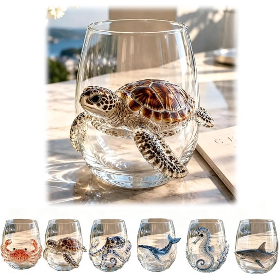 3D Ocean Octopus Drinking Glass,Artisanal Handmade Blue Ringed Octopu Glassware,Coastal Home Decor Gift for Ocean Lovers(Turtle)