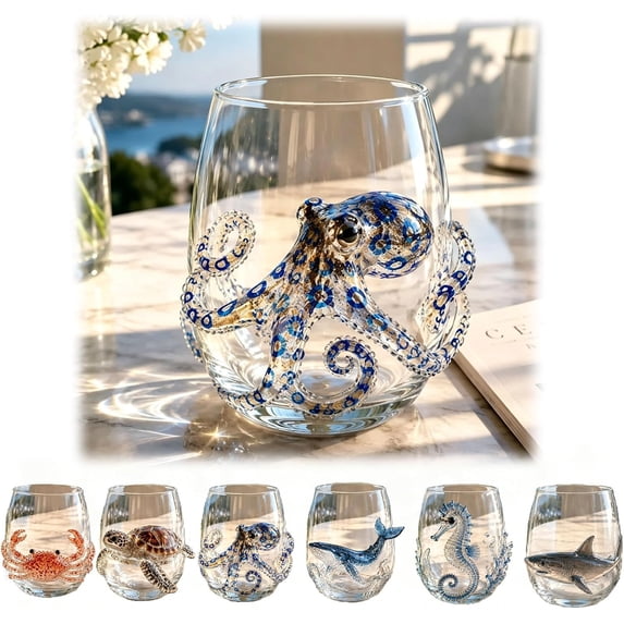 3D Ocean Octopus Drinking Glass,Artisanal Handmade Blue Ringed Octopu Glassware,Coastal Home Decor Gift for Ocean Lovers(octopus)