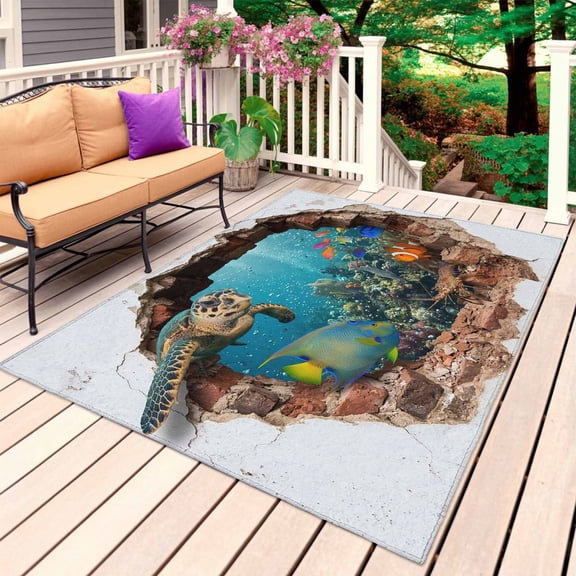 3D Ocean Outdoor Rug for Patio/Deck/Porch, Non-Slip Large Area Rug 3 x 5 Ft, Modern Abstract Nature Optical Illusion Underwater Indoor Outdoor Rugs Washable Area Rugs, Camping Rug Carpet Runner