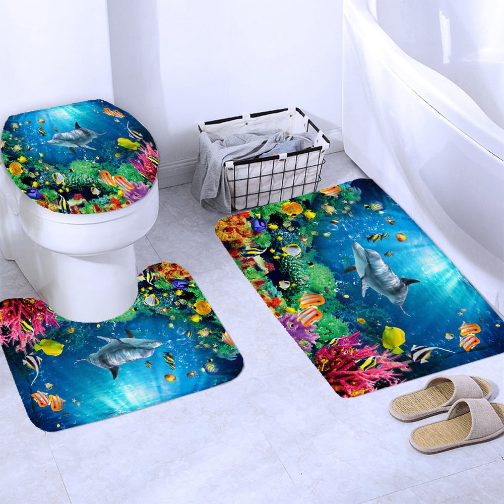 3D Ocean Seabed Animals Toilet Cover Bath Mat Sets Fish Dolphin Printed