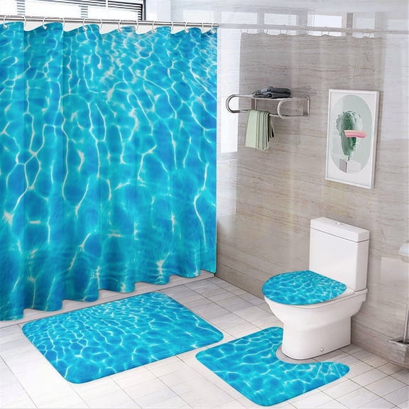 3D Ocean Seawater Beach Water Shower Curtain Sets Non-Slip Rugs Bath Mat Toilet Cover U Shaped Mat 4 Pcs