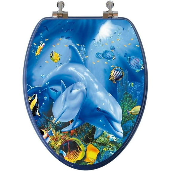 3D Ocean Series Elongated Toilet Seat w/Chromed Metal Hinges, Wood, Dolphin Family