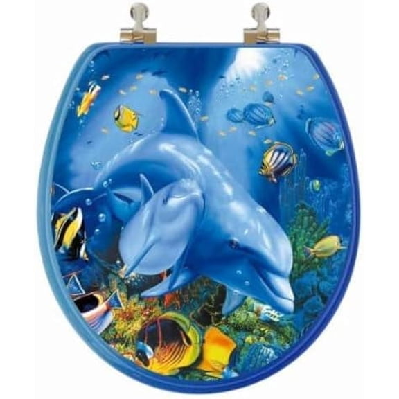 3D Ocean Series Round Toilet Seat w/Chromed Metal Hinges, Wood, Dolphin Family$$Tools & Hardware Other