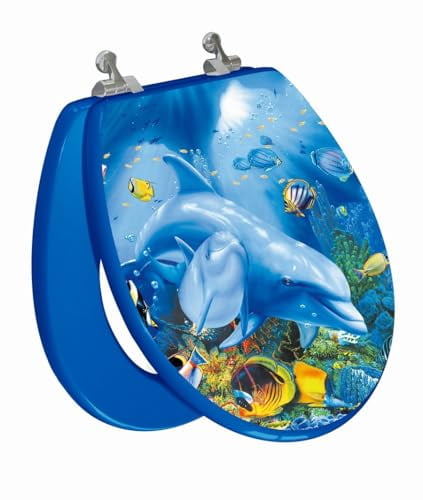 3D Ocean Series Round Toilet Seat w/Chromed Metal Hinges, Wood, Dolphin Family