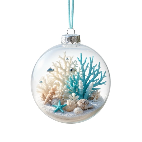3D Ocean Theme Christmas Ornament with Battery-Operated Led Light and Coral Seashell Micro-Landscape, Single Piece, Light Blue and White Clear Glass Ball, for Christmas Tree Or