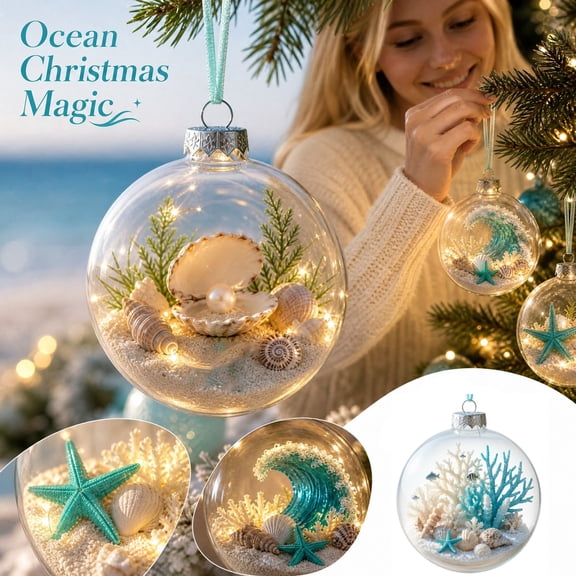 3D Ocean Themed Christmas Ball Ornament with Clear Sphere and Seashells, Blue and White Coastal Design Hanging Decoration, Beach House Holiday Tree Decor, Nautical Christmas Gift