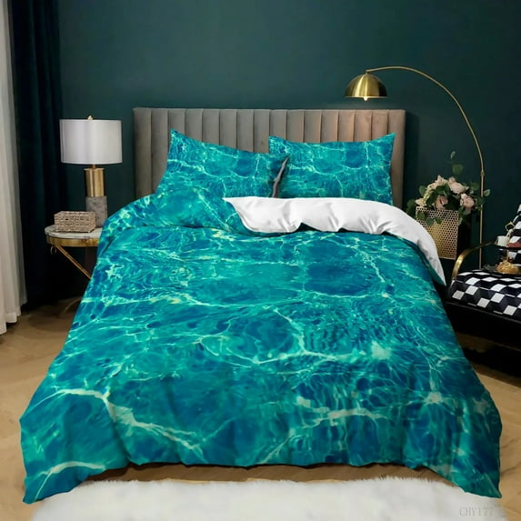 3D Ocean Waves Duvet Cover Set /King for Boy Girl Teens Bedroom Hotel Microfiber Bedding Set Comforter Cover White To Blue
