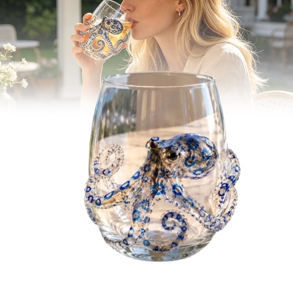 3D Octopus Drinking Glass Tumbler - Handblown Blue Ring Octopus Stemless Cup, Heat Resistant for Hot & Cold Drinks, for Home Bar Kitchen Office