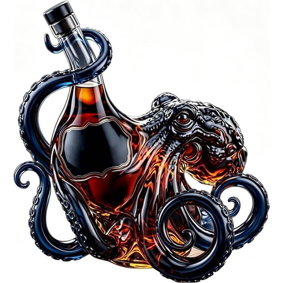 3D Octopus Glass Bottle, Rum Edition Deep Sea Nautical Art Decor Decanter, Creative Octopus Shaped Bottle for Wine Liquor Soda, Collector Display Piece for Home Bar Nautical Decor