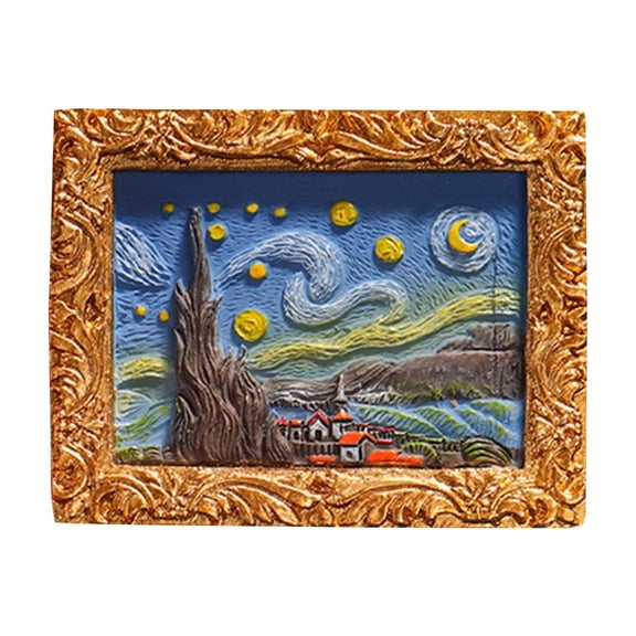 3D Oil Painting Fridge Magnets Set Of 6, Miniature Flower/Seascape/World Famous Art Sculptures With Gold Frames, Decorative Refrigerator Magnets For Kitchen & Home Decoration