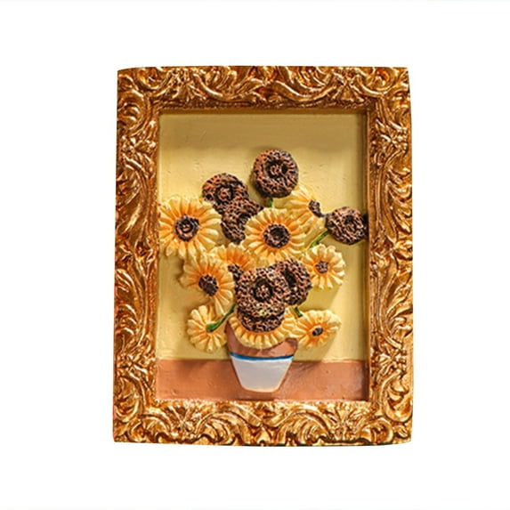 3D Oil Painting Style Fridge Magnets Set Of 6, Miniature Landscape Flower Seascape Sculptures With Gold Frames, Decorative Refrigerator Magnets For Kitchen Office School Gift Set