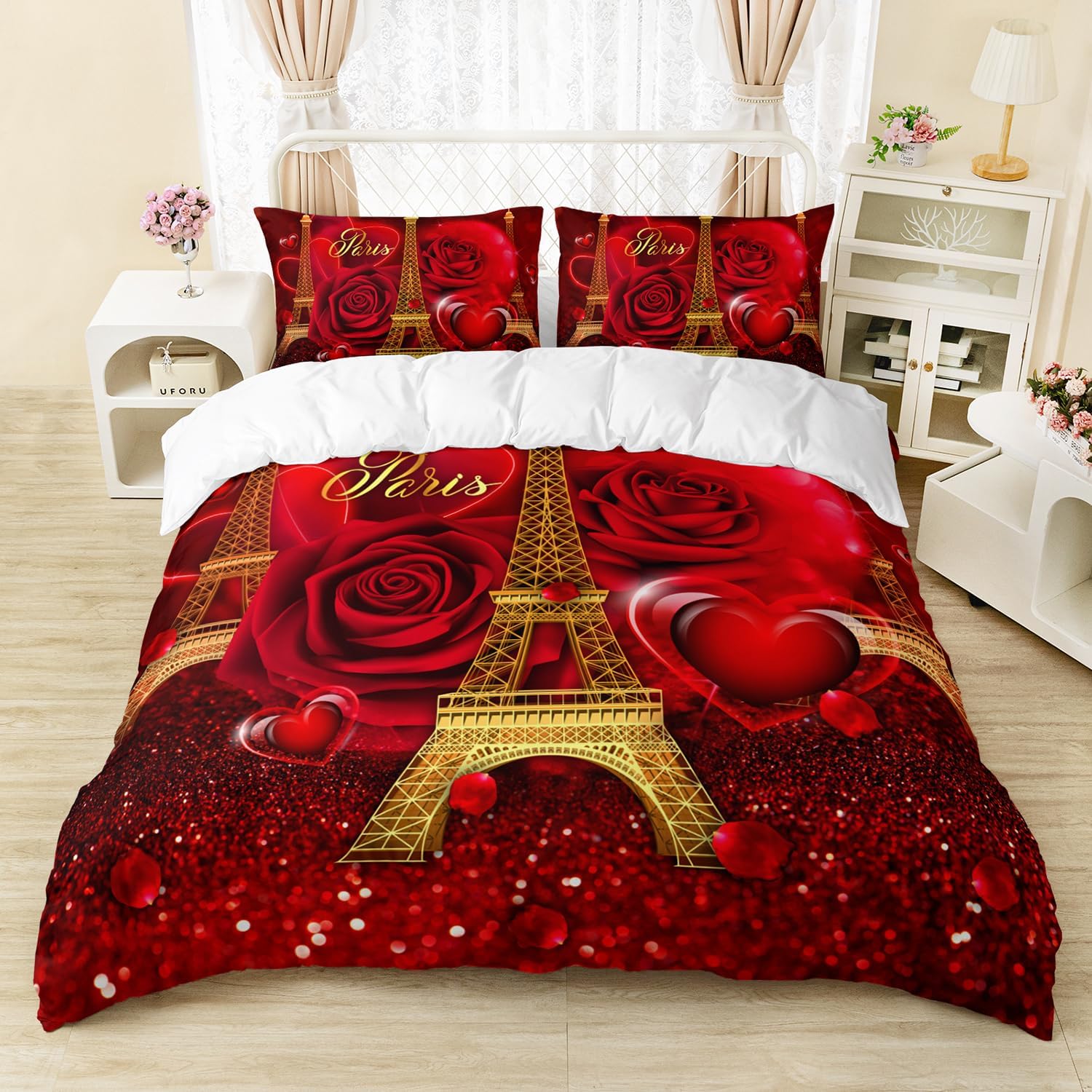 3D Oil Red Rose Duvet Cover Set Gold Eiffel Tower Bedding Set Teens 3d-oil-red-rose-duvet-cover-set-gold-eiffel-tower-bedding-set-teens