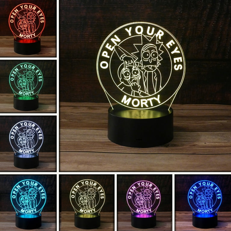 Holiday Depot 3D Open Your Eyes Rick and Morty Desk Light 7 Color LED Base Lamp with USB Battery and A Touch Control Rotating Fade or Solid Color Mode. A Perfect