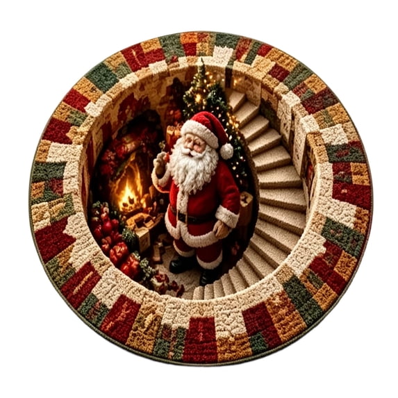 3D Optical Christmas Round Rug With Santa By Fireplace Design Holiday Area Mat For Living Room And Bedroom(Brown-60cm)