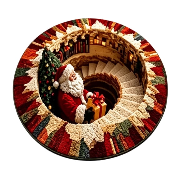 3D Optical Christmas Round Rug With Santa In Spiral Staircase Design Holiday Area Mat For Living Room And Bedroom(Beige-60cm)