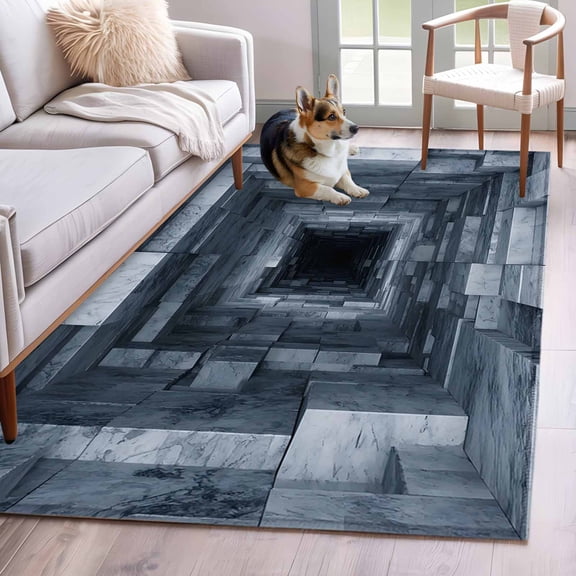 3D Optical Illusion 3'x5' Washable Rug, Visual Trap Looks Like Holes Blue Non-Slip Area Rugs for Entryway Kitchen Classroom, StainResistant Dorm Throw Carpet, Low Pile Soft Indoor Floor Mat