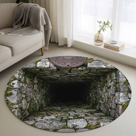 3D Optical Illusion 3ft Area Rug, Visual Trap Looks Like Holes Teal Washable Non-Slip Small Round Rugs for Entryway Bedroom Kitchen, Soft Circle Carpet for Dining Room, Playroom Nursery Rug