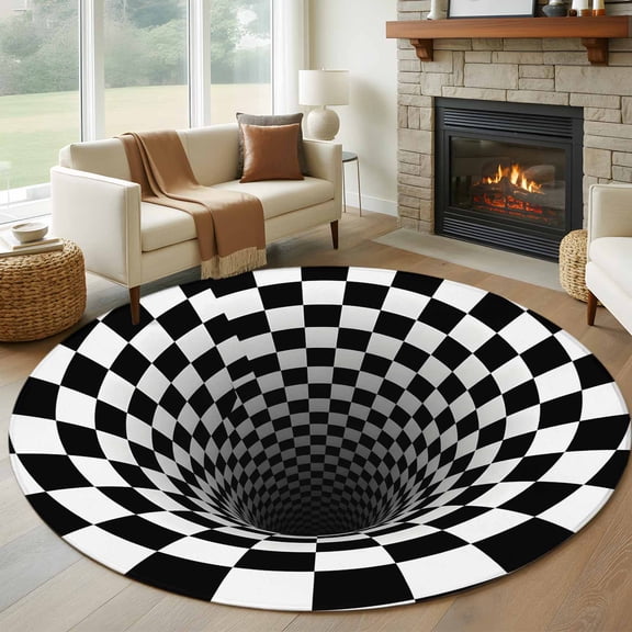 3D Optical Illusion 6ft Round Rugs, Black White Checkered Gingham Plaid Vortex Non-Slip Area Rugs for Living Room Bedroom Kitchen, Low Pile Dining Room Kicthen Circle Carpet, Indoor Floor Rug