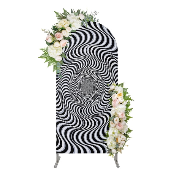 3D Optical Illusion Arch Backdrop Cover 4FT, Abstract Geometric Lines Black White Spandex Fitted Stretchy Arch Stand Covers, Round Top Chiara Backdrop Cover for Wedding Party Birthday Baby Shower