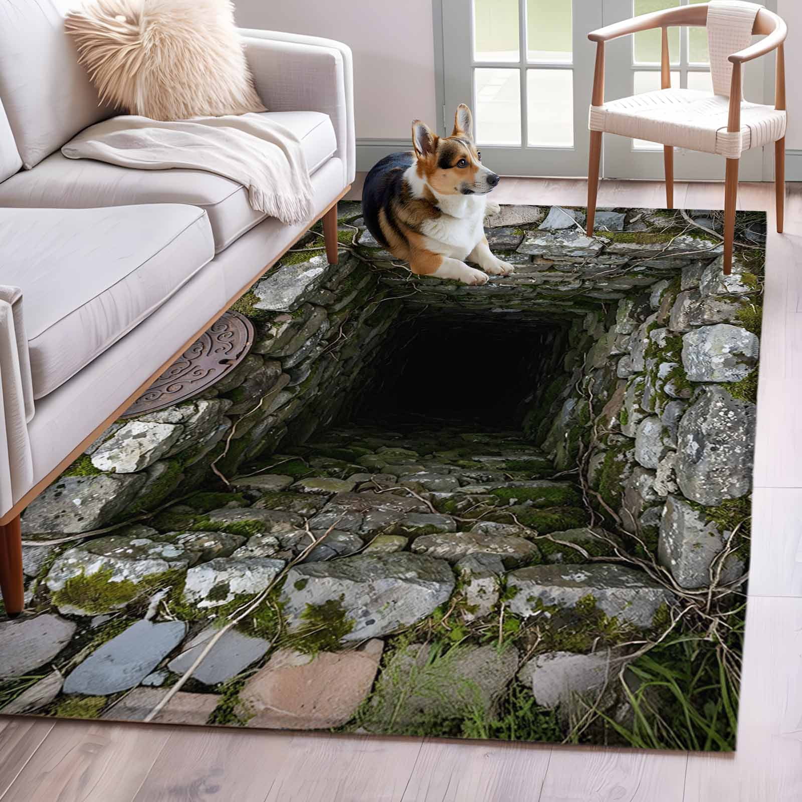 3D Optical Illusion Area Rugs 3'x5', Washable Small Throw Rugs for Living Room Bedroom, Visual Trap Looks Like Holes Teal Indoor Outdoor Rug Non-Slip Low Pile Carpet Runner Reversible Floor Mats