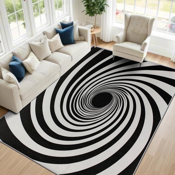 3D Optical Illusion Area Rugs, Black White Vortex Carpet, Washable Non Slip Low Pile Soft Rug for Living Room Bedroom Decor Mat 2x3ft