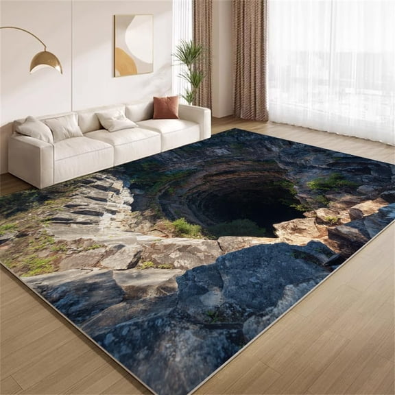3D Optical Illusion Area Rugs, Nature Landscape Hole Pattern Carpet, Washable Non Slip Low Pile Soft Rug for Living Room Bedroom Decor Mat 5ftx8ft