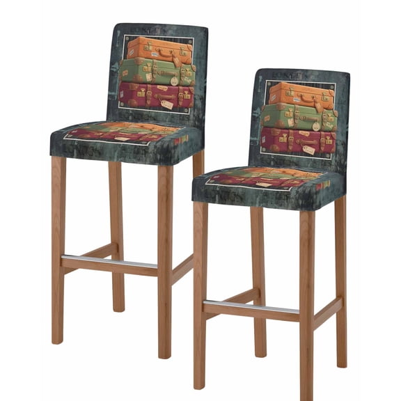 3D Optical Illusion Bar Stool Covers Set of 2, Vintage Shabby Chic Suitcase on Walls Stretch Bar Chair Covers with Backs, Removable Pub Counter Height Chair Cover for Kitchen Dining Room Cafe