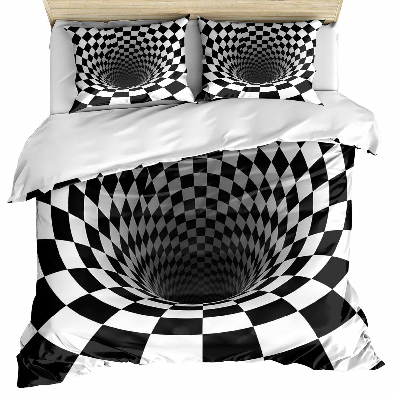 3D Optical Illusion Bedding 3 Piece Duvet Cover Set Queen Size, Black White Checkered Gingham Plaid Vortex Microfiber Comforter Cover with Zipper Closure & Pillowcases, FadeResistant Quilt Cover