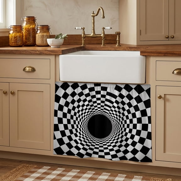 3D Optical Illusion Cabinet Curtains 28"W x 35L, Black White Checkered Buffalo Plaid Under Sink Skirt for Bathroom Vanity Kitchen Self Adhesive, Dust-Proof Privacy Curtain for Closet Shelves Laundry