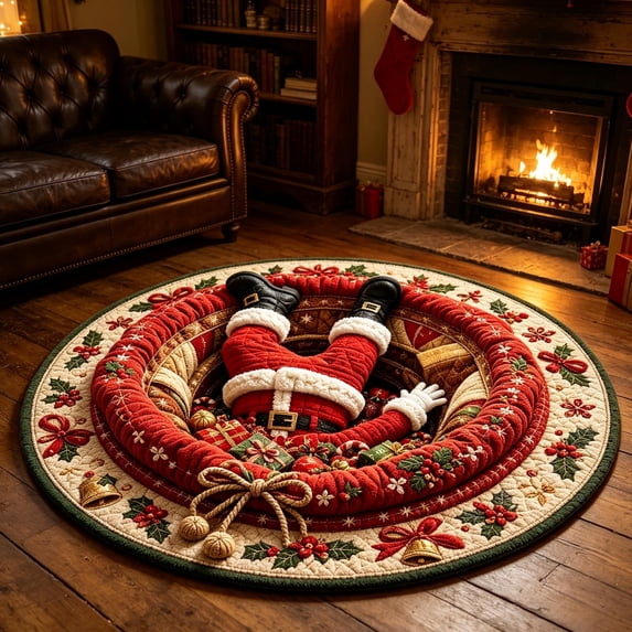 3D Optical Illusion Christmas Round Rug, Non-Slip Washable Carpet with Santa Boots Illusion Print for Living Room, Bedroom and Entryway Holiday Decor, 19.69 Inch