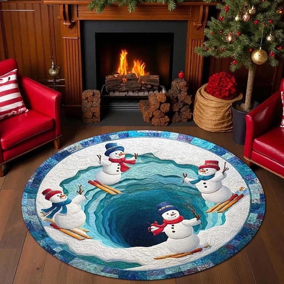 3D Optical Illusion Christmas Round Rug, Non-Slip Washable Carpet with Snowman Ice Pond Print for Living Room, Bedroom and Entryway Holiday Decor, 19.69 Inch