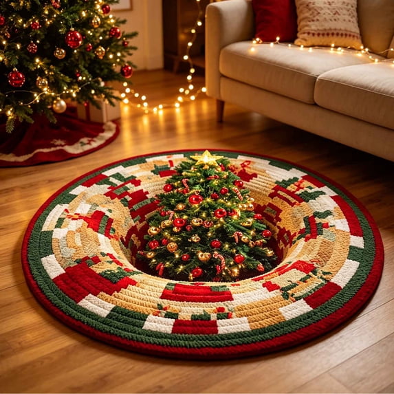 3D Optical Illusion Christmas Tree Round Rug, Festive Xmas Tree Decorative Floor Mat, Non Slip Holiday Doormat