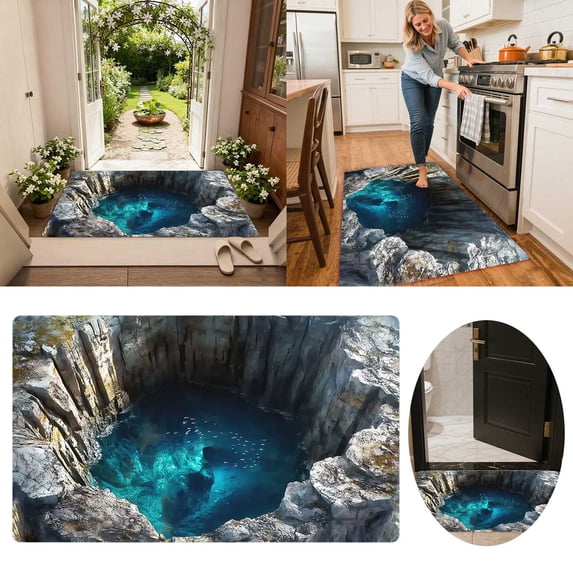 3D Optical Illusion Velvet Bath Mat, Super Absorbent Non Floor Rug, Deep Sea Cave Print Door Mat For Entrance, Kitchen & Living Room Decor(50*80cm)